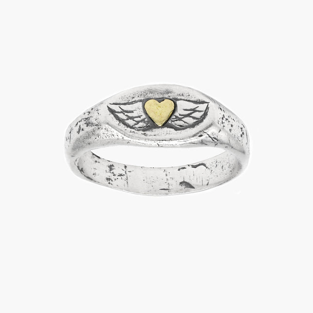 Golden Heart With Wings Sterling Silver Ring-Ring-Kompsós