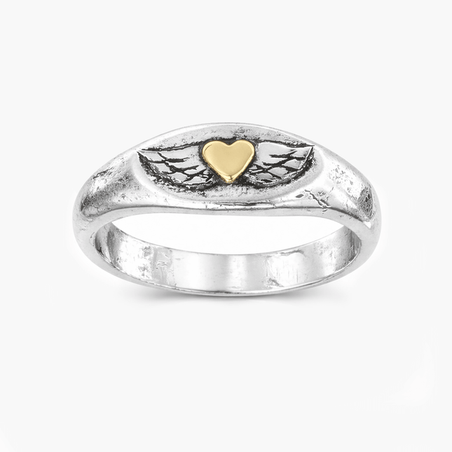 Golden Heart With Wings Sterling Silver Ring-Ring-Kompsós