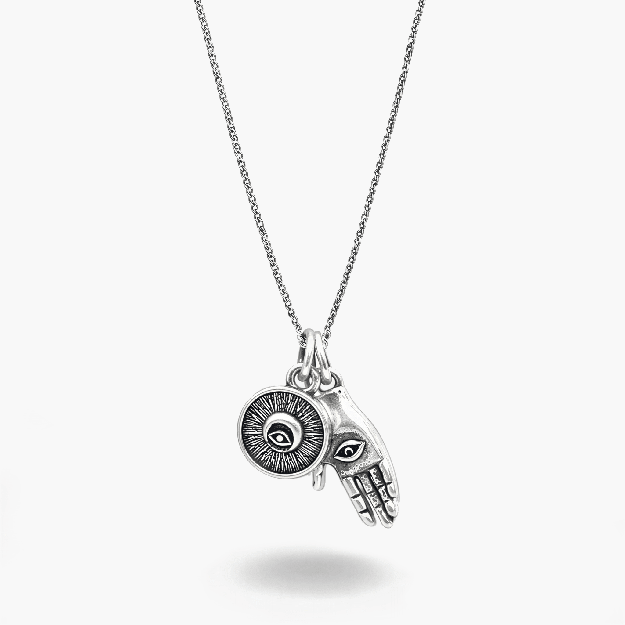 Hamsa & Evil Eye Double Pendants Silver Necklace-Necklace-Kompsós