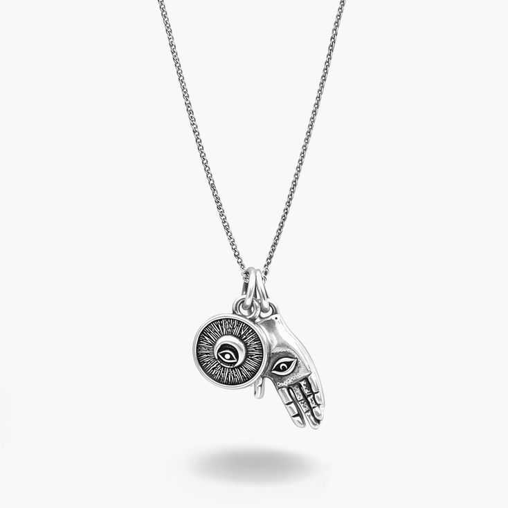 Hamsa & Evil Eye Double Pendants Silver Necklace-Necklace-Kompsós
