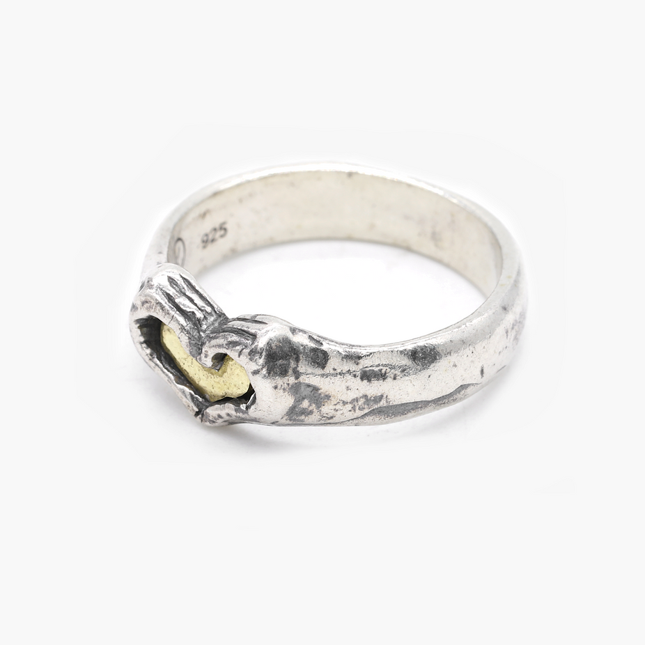 Hand Sign With Golden Heart Sterling Silver Ring-Ring-Kompsós