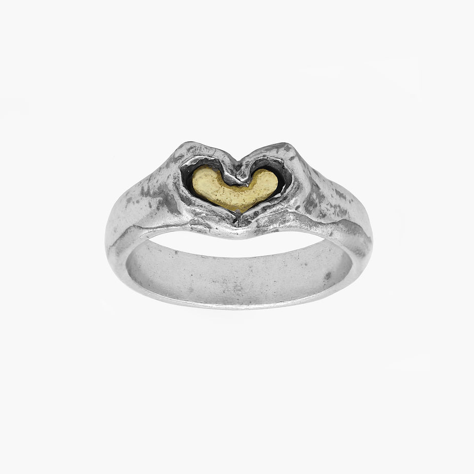 Hand Sign With Golden Heart Sterling Silver Ring-Ring-Kompsós