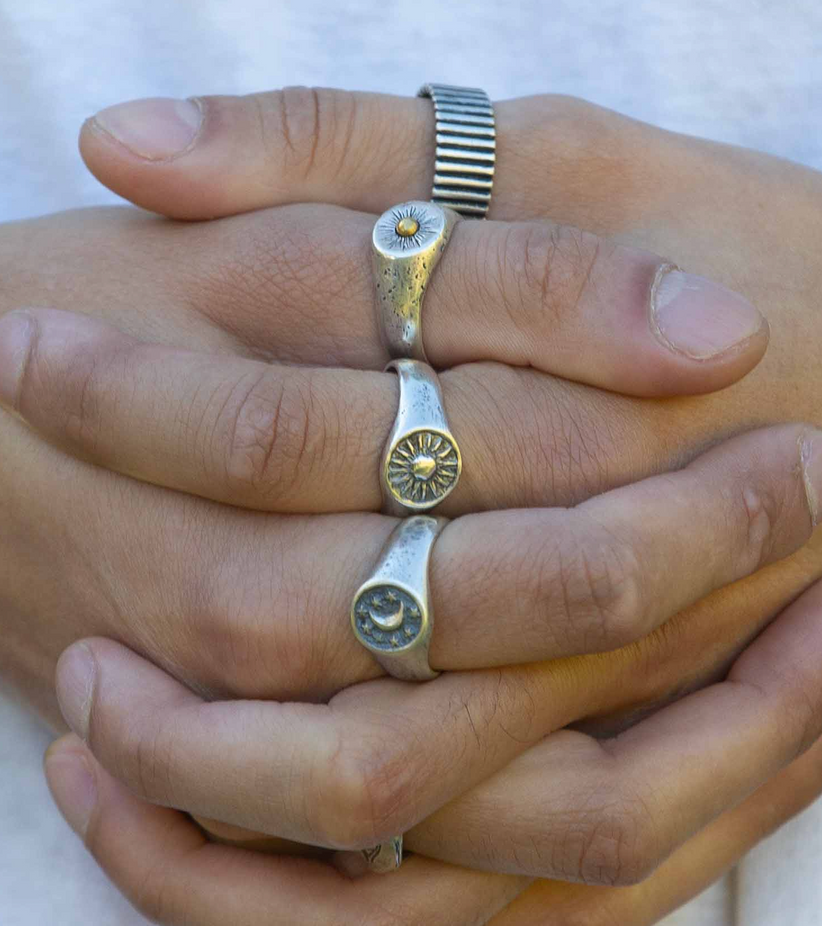 Hand-forged Sunburst Sterling Silver Signet Ring-Ring-Kompsós