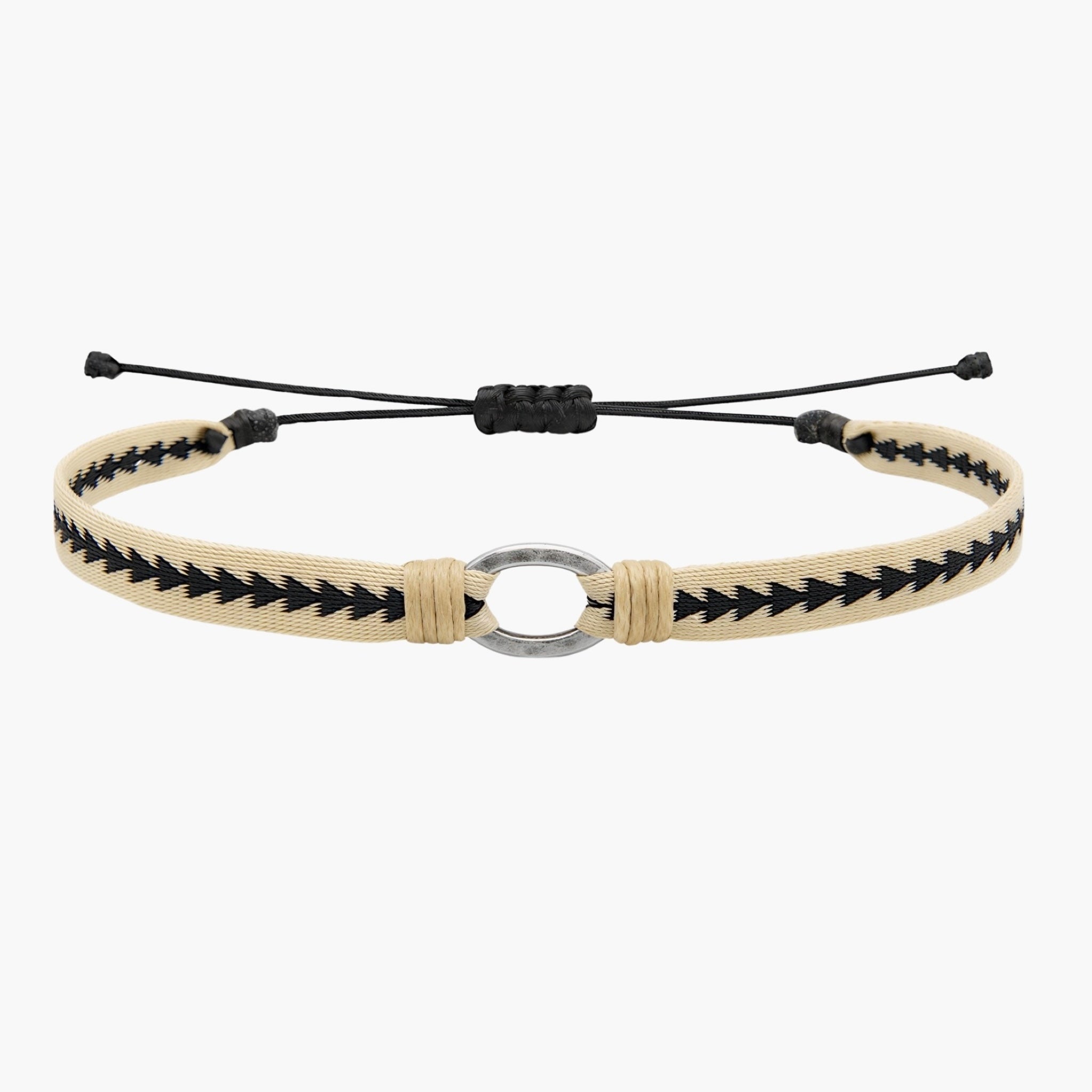 Handmade Purnama Bracelet With Silver Hoop (Black/Cream) - Kompsós