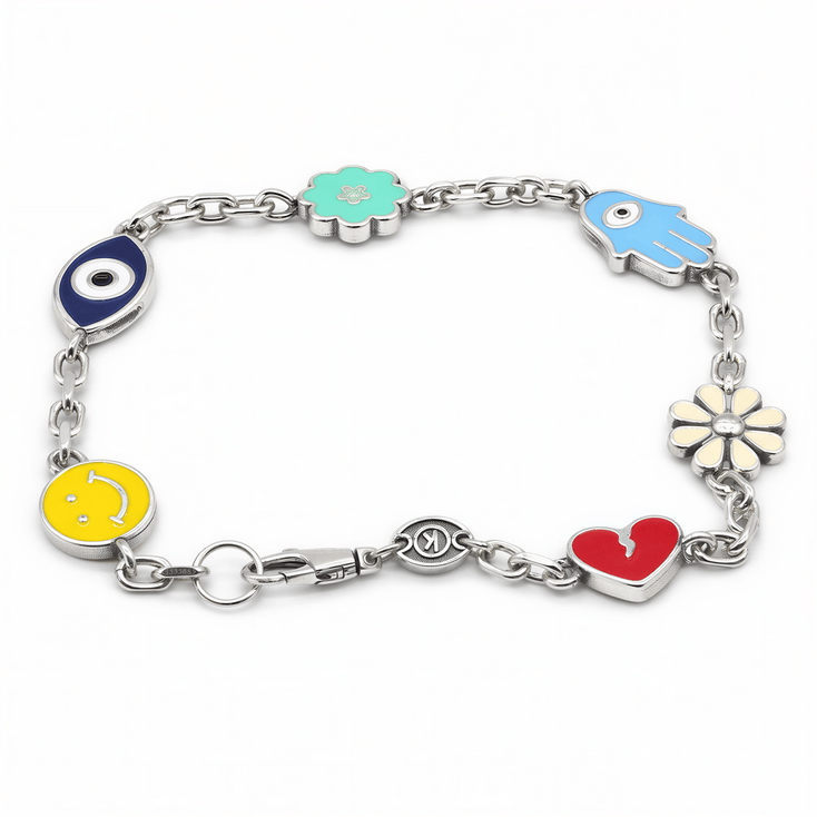 Holidays Sterling Silver Heavy Signature Bracelet With Enamelled Charms-Bracelet-Kompsós