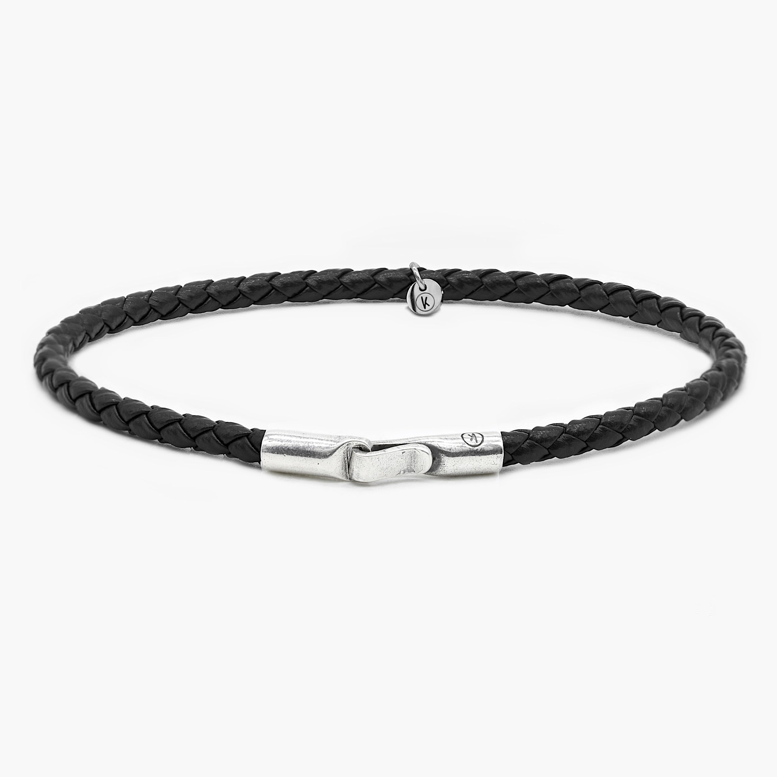 Italian Leather Bracelet With Sterling Silver Clasp (Black)-Bracelet-Kompsós