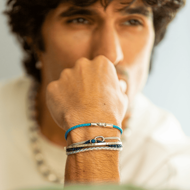 Italian Leather Bracelet With Sterling Silver Clasp (Night Blue)-Bracelet-Kompsós