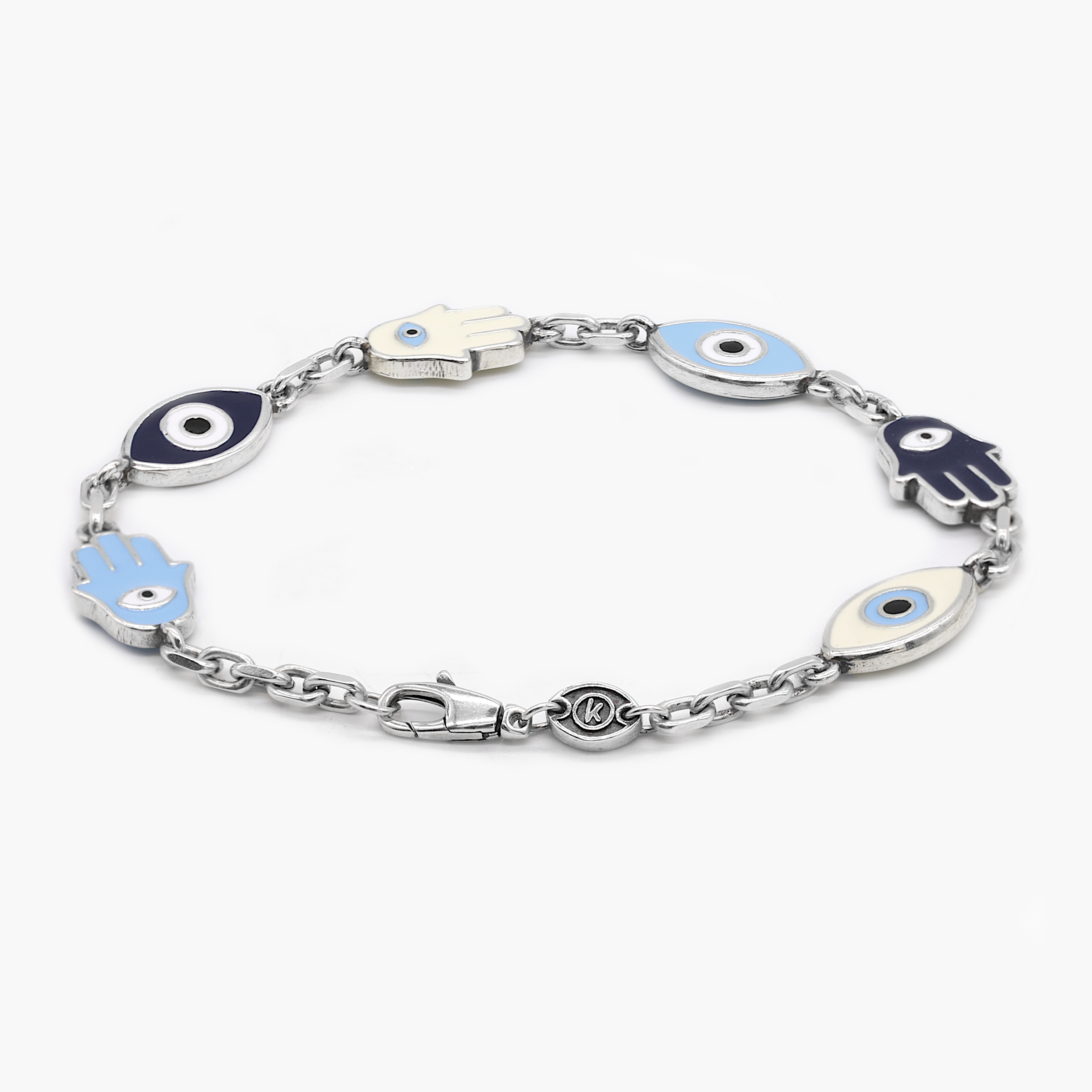 Maxi Enamelled Evil Eye And Hamsa Sterling Silver Bracelet-Bracelet-Kompsós