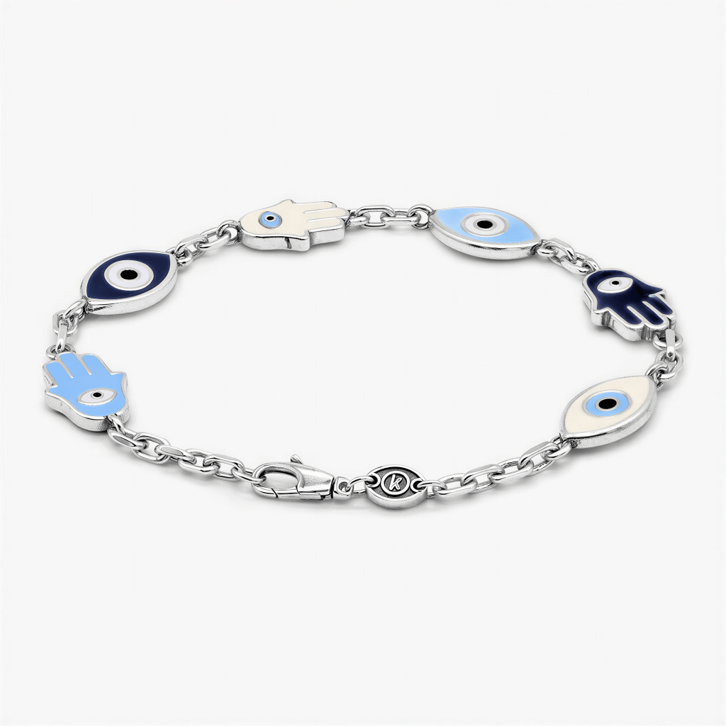 Maxi Enamelled Evil Eye And Hamsa Sterling Silver Bracelet-Bracelet-Kompsós
