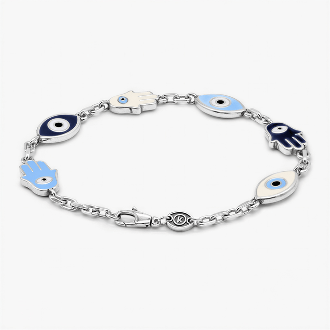 Maxi Enamelled Evil Eye And Hamsa Sterling Silver Bracelet-Bracelet-Kompsós