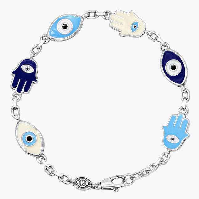 Maxi Enamelled Evil Eye And Hamsa Sterling Silver Bracelet-Bracelet-Kompsós