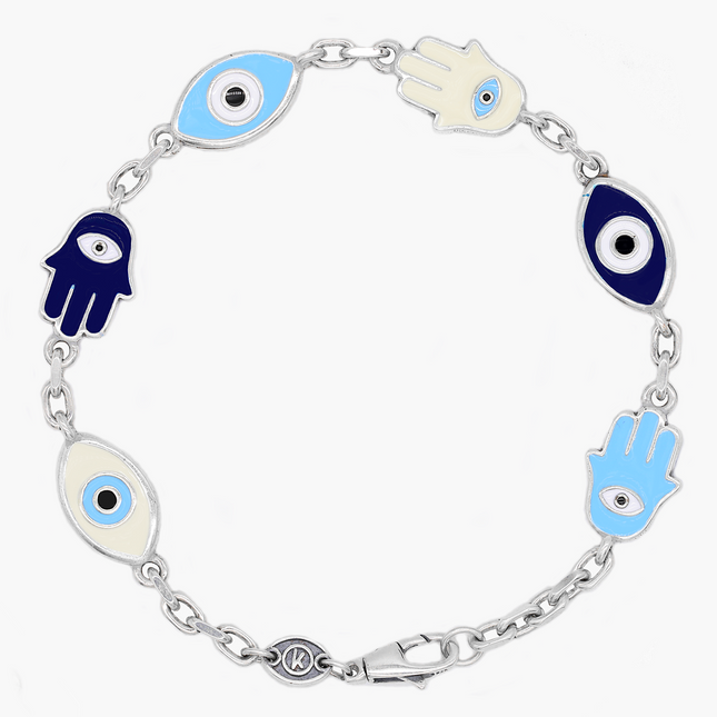 Maxi Enamelled Evil Eye And Hamsa Sterling Silver Bracelet-Bracelet-Kompsós