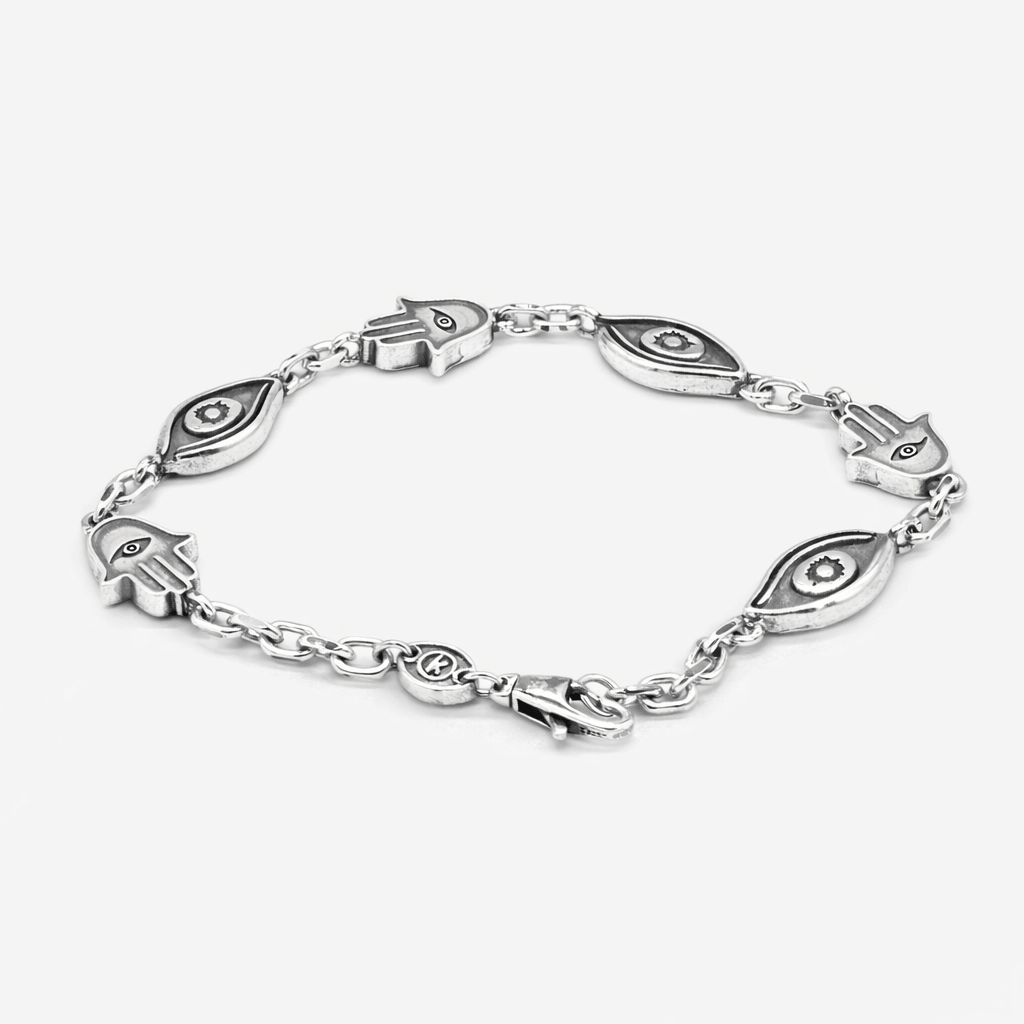 Maxi Sterling Silver Chain Bracelet With Hamsa And Evil Eye-Bracelet-Kompsós