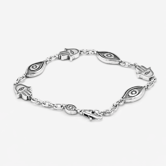 Maxi Sterling Silver Chain Bracelet With Hamsa And Evil Eye-Bracelet-Kompsós