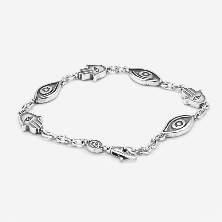Maxi Sterling Silver Chain Bracelet With Hamsa And Evil Eye-Bracelet-Kompsós