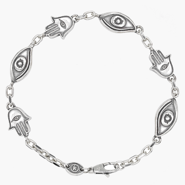 Maxi Sterling Silver Chain Bracelet With Hamsa And Evil Eye-Kompsós