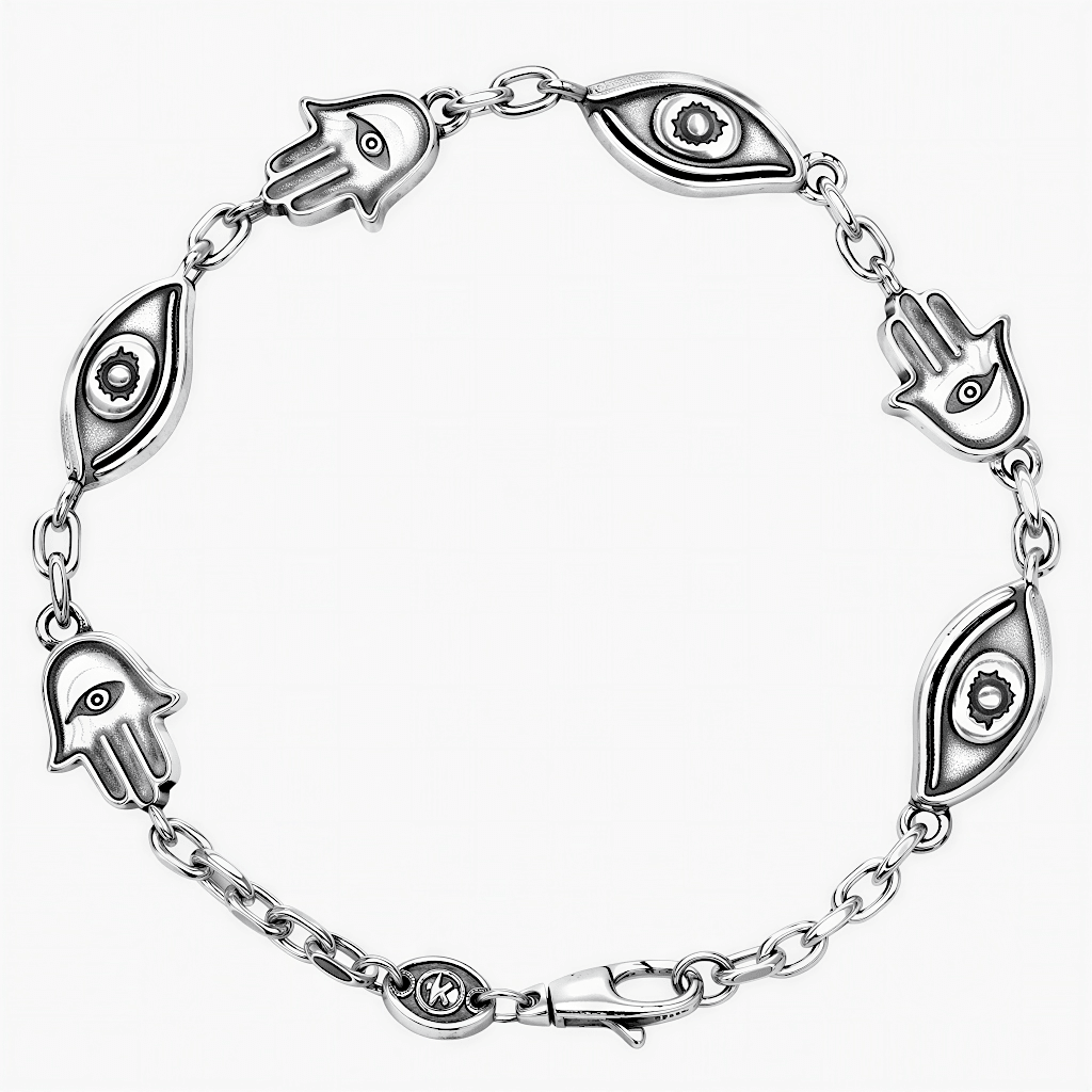 Maxi Sterling Silver Chain Bracelet With Hamsa And Evil Eye-Bracelet-Kompsós