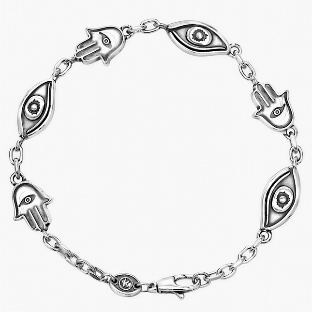 Maxi Sterling Silver Chain Bracelet With Hamsa And Evil Eye-Bracelet-Kompsós