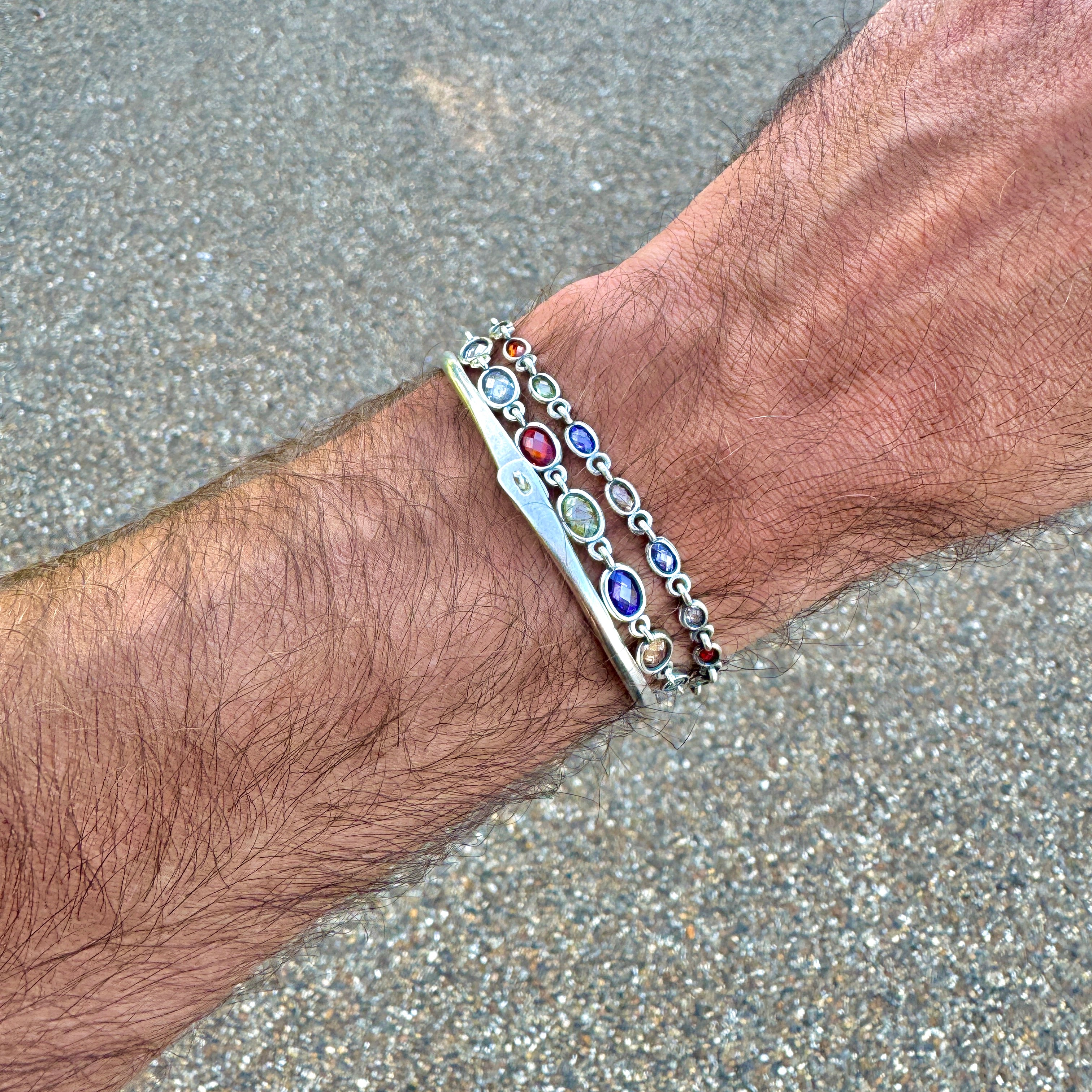 Maxi Sterling Silver Multi Cabochon Gemstones Chain Bracelet-Bracelet-Kompsós