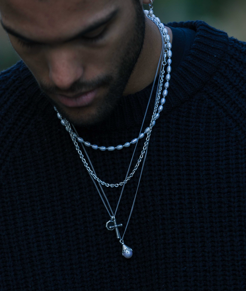 Melted Sterling Silver With Freshwater Pearl Necklace-Necklace-Kompsós