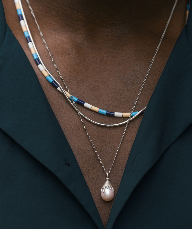 Melted Sterling Silver With Freshwater Pearl Necklace-Necklace-Kompsós