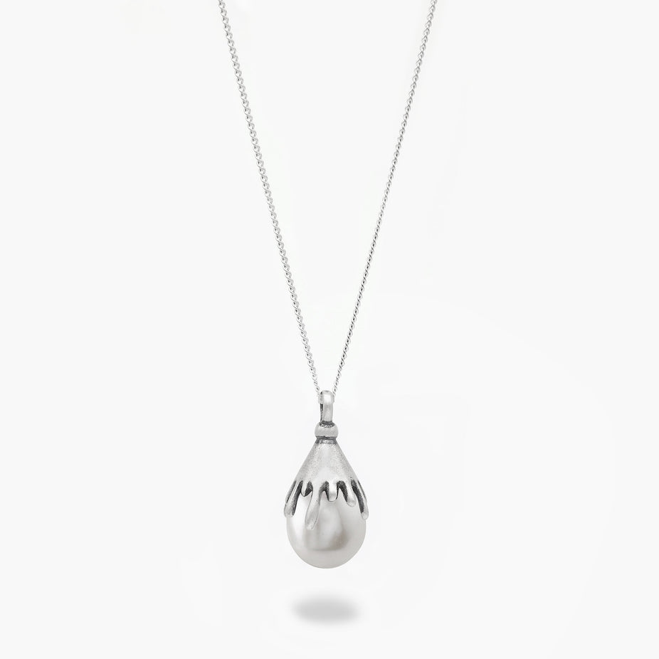 Melted Sterling Silver With Freshwater Pearl Necklace-Necklace-Kompsós