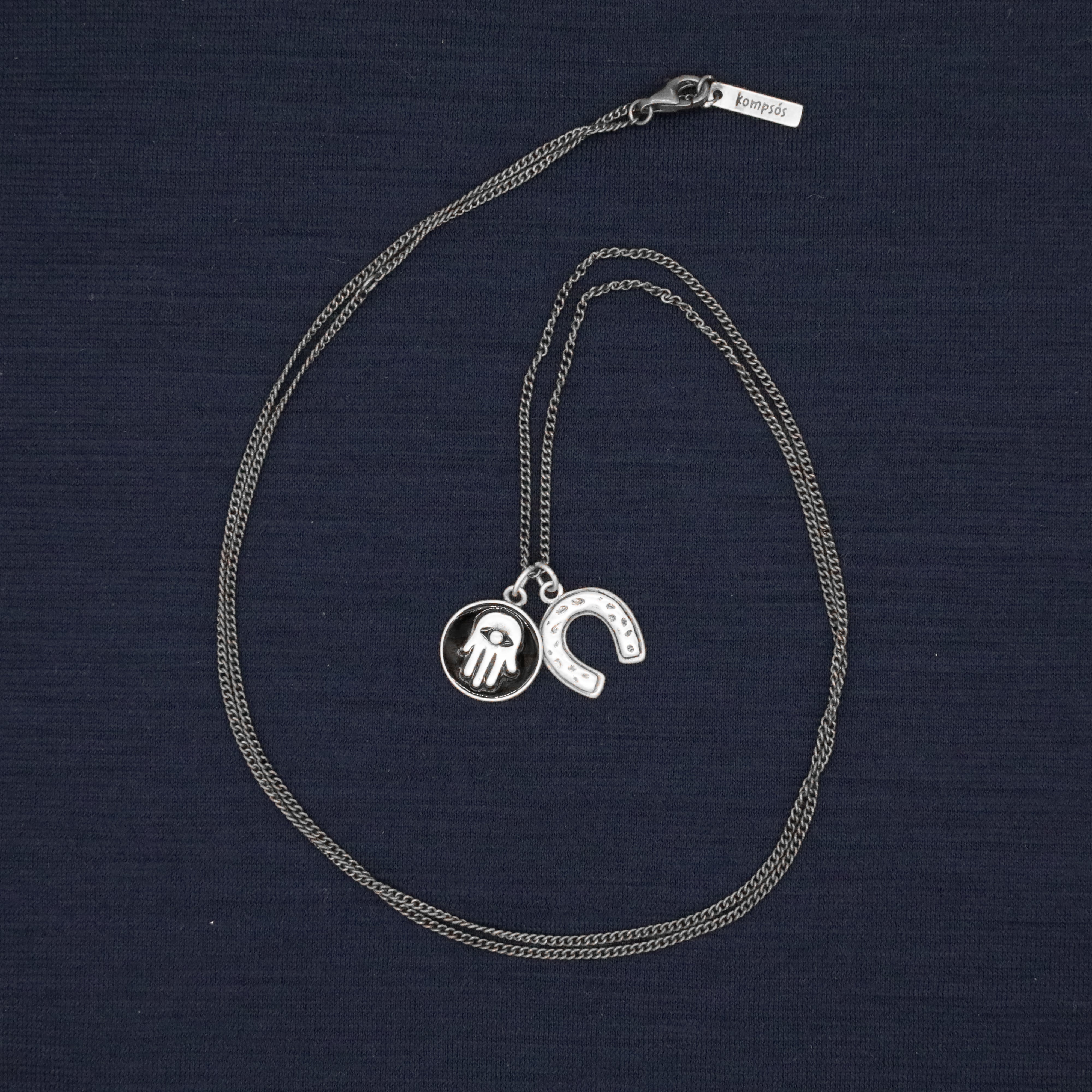 Multi-Charms Necklace With Hamsa and Horseshoe (Black)-Necklace-Kompsós