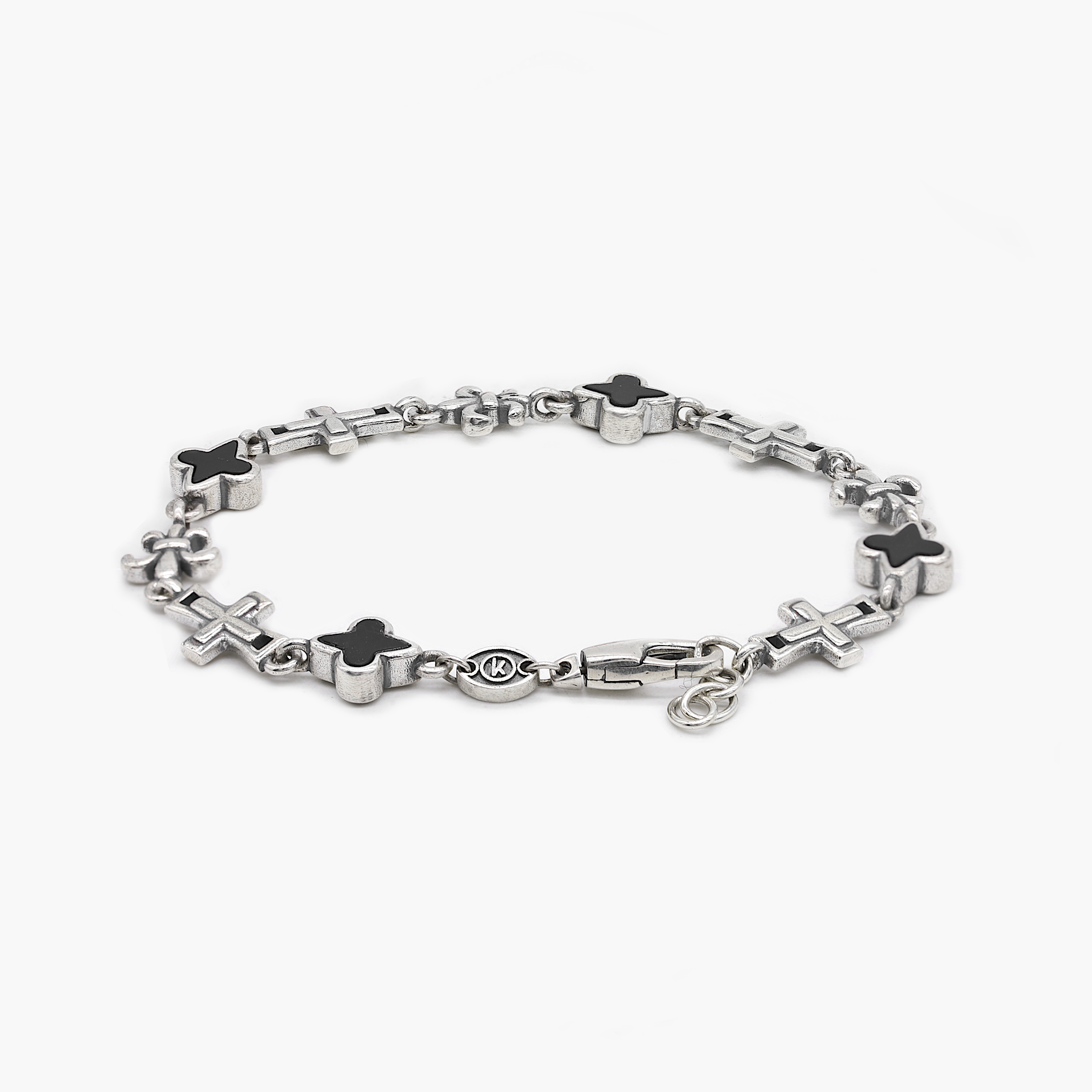 Multi Charms Sterling Silver Chain Bracelet With Matte Onyx-Bracelet-Kompsós
