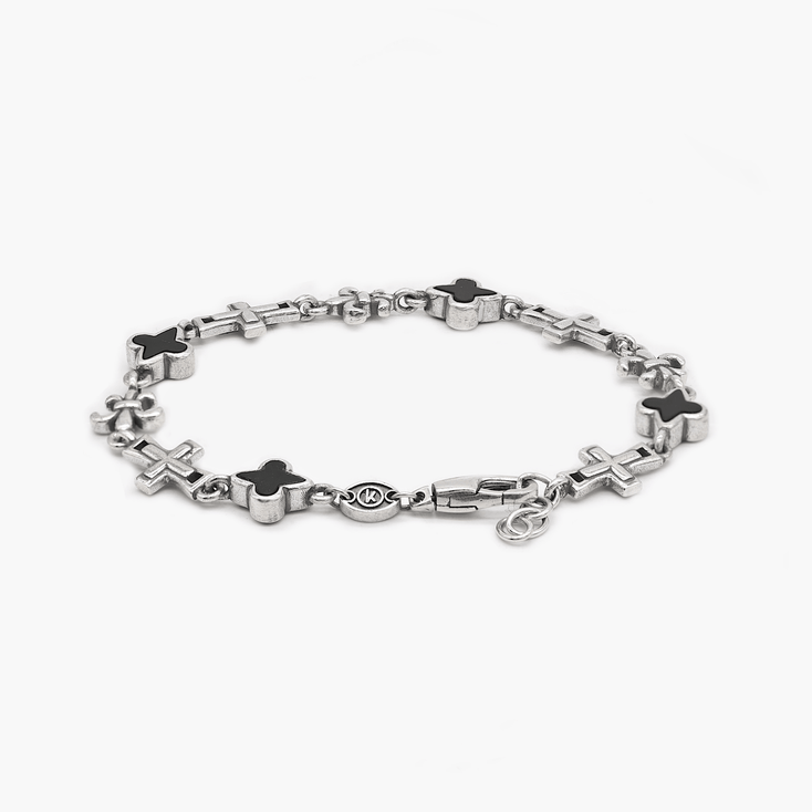 Multi Charms Sterling Silver Chain Bracelet With Matte Onyx-Bracelet-Kompsós