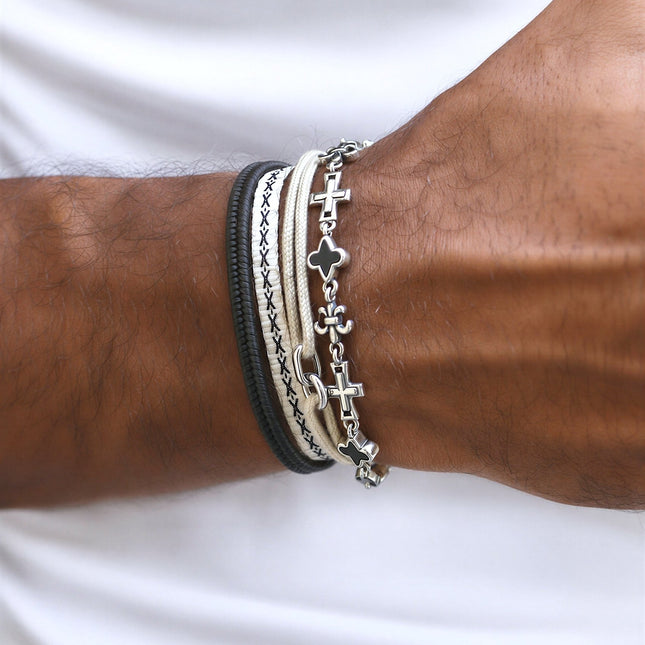 Multi Charms Sterling Silver Chain Bracelet With Matte Onyx-Bracelet-Kompsós