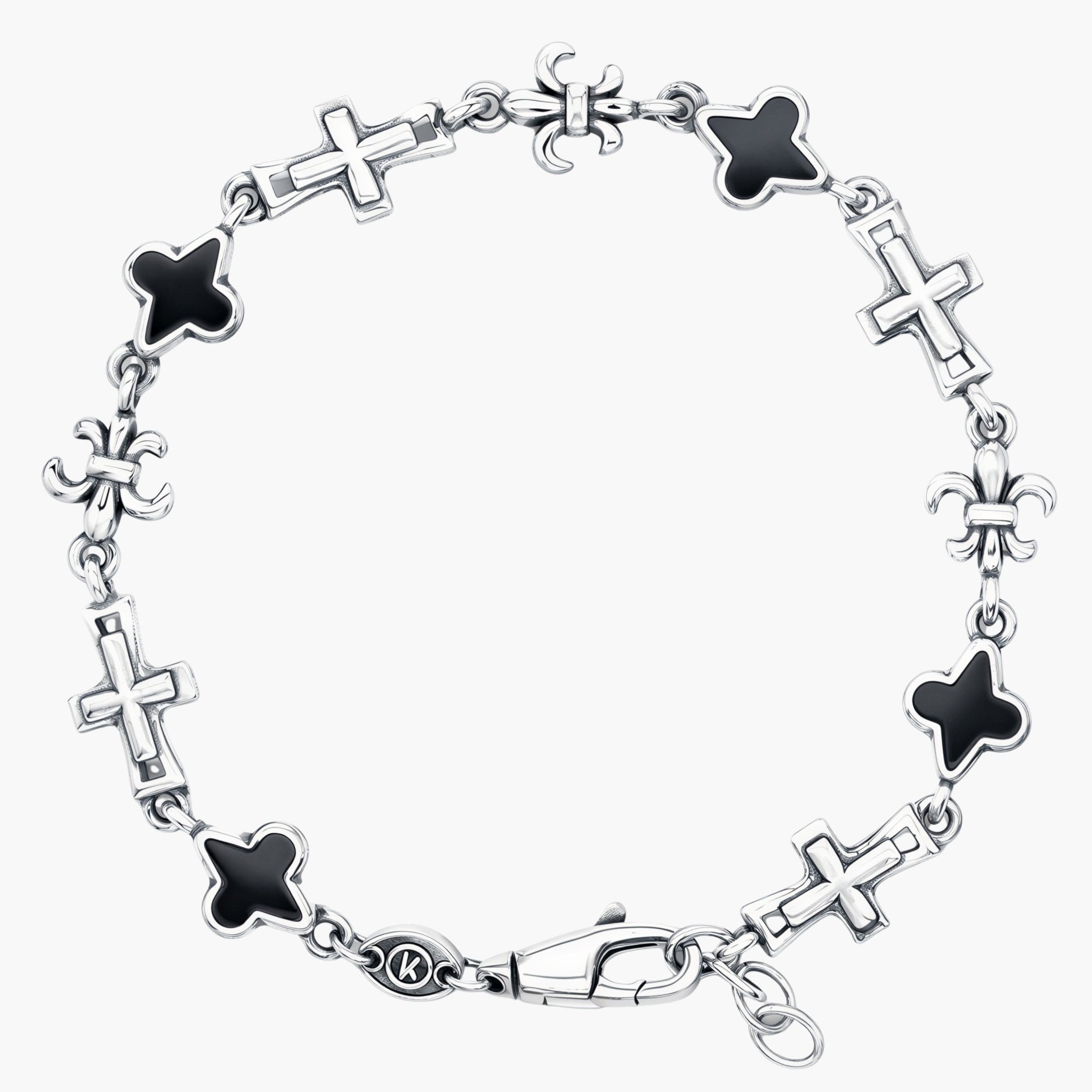 Multi Charms Sterling Silver Chain Bracelet With Matte Onyx-Bracelet-Kompsós