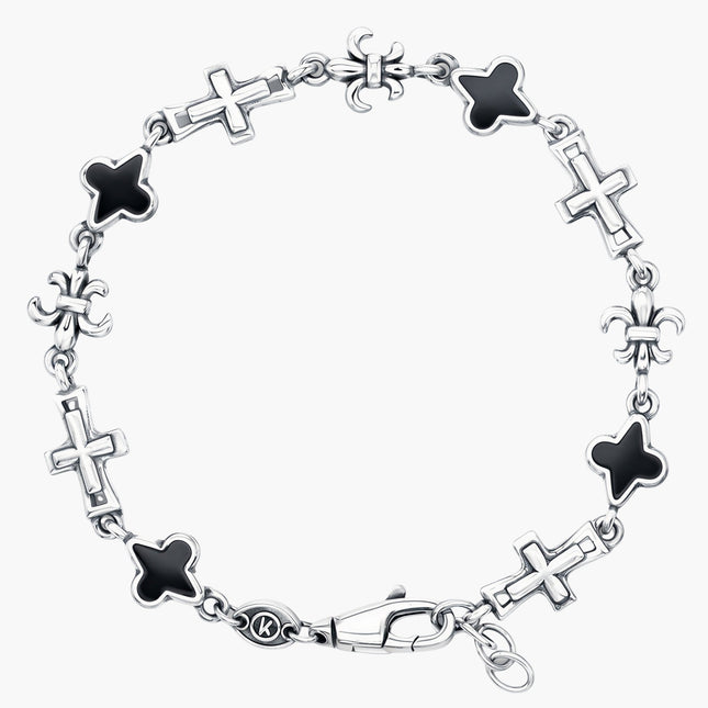 Multi Charms Sterling Silver Chain Bracelet With Matte Onyx-Bracelet-Kompsós