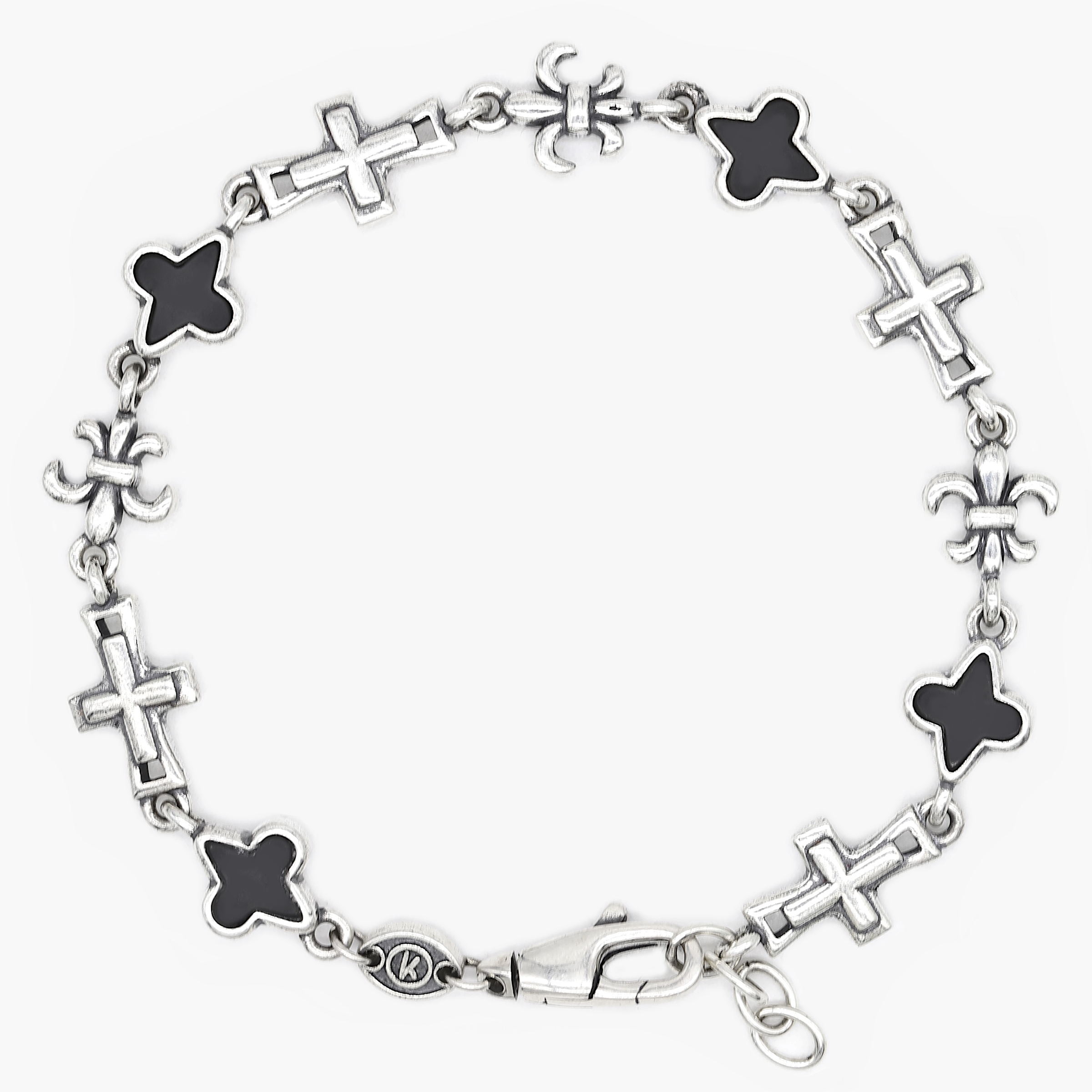 Multi Charms Sterling Silver Chain Bracelet With Matte Onyx-Bracelet-Kompsós