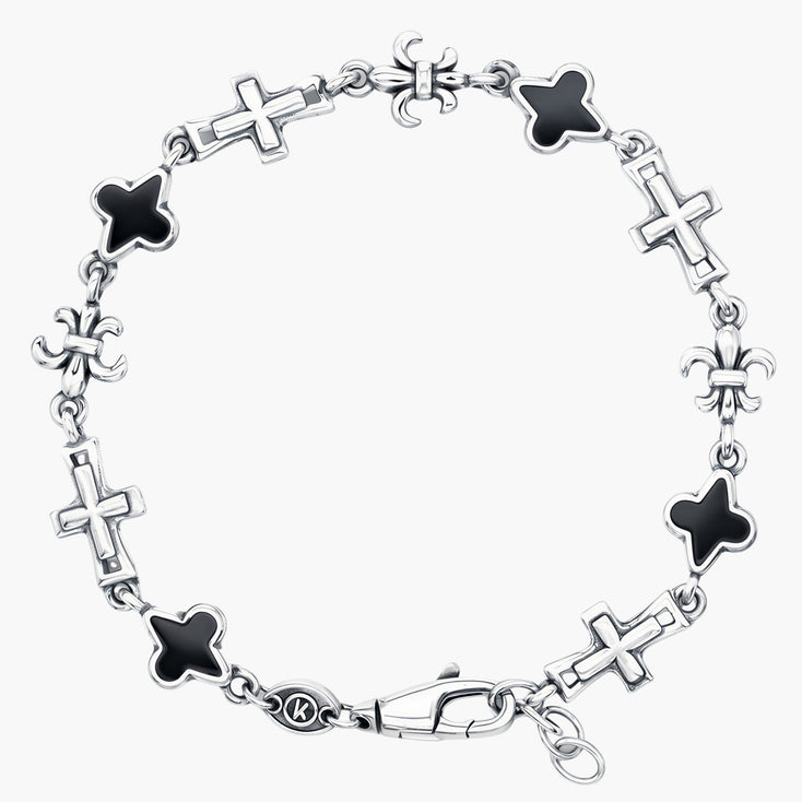 Multi Charms Sterling Silver Chain Bracelet With Matte Onyx-Bracelet-Kompsós