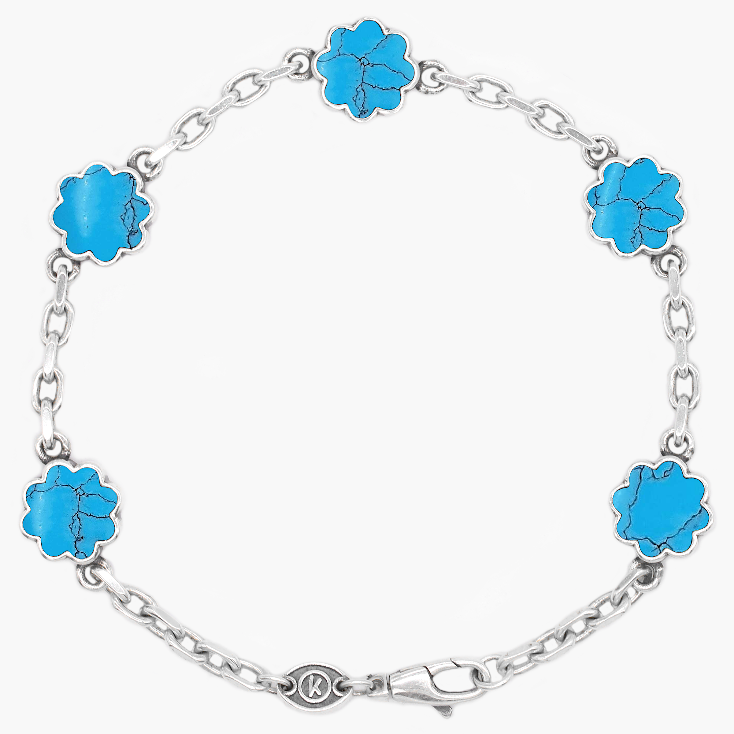 Multi Daisies Sterling Silver Chain Bracelet With Arizona Turquoise-Bracelet-Kompsós