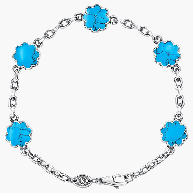 Multi Daisies Sterling Silver Chain Bracelet With Arizona Turquoise-Bracelet-Kompsós