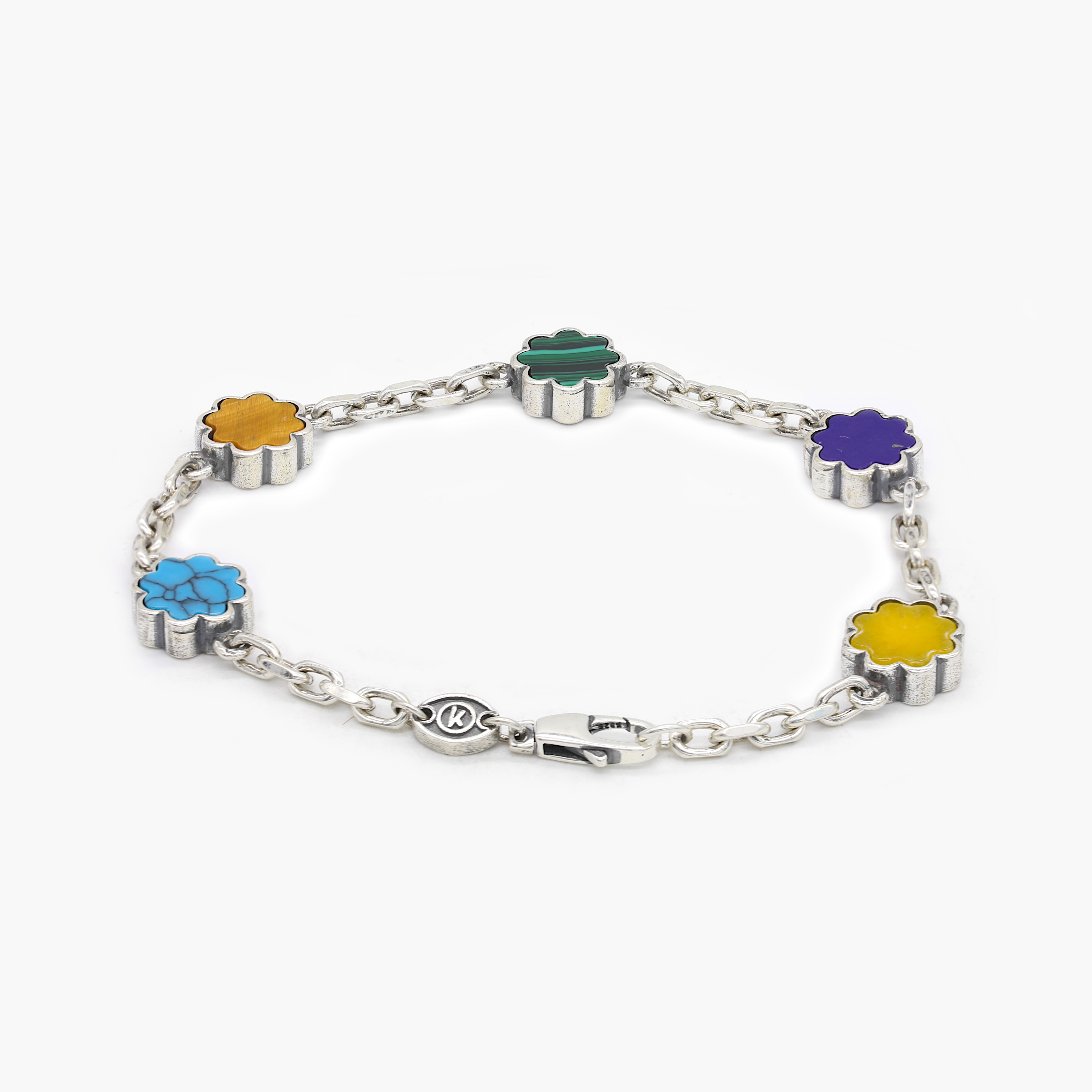 Multi Daisies Sterling Silver Chain Bracelet With Assorted Natural Stones-Bracelet-Kompsós