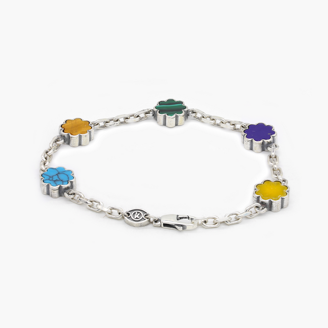 Multi Daisies Sterling Silver Chain Bracelet With Assorted Natural Stones-Bracelet-Kompsós