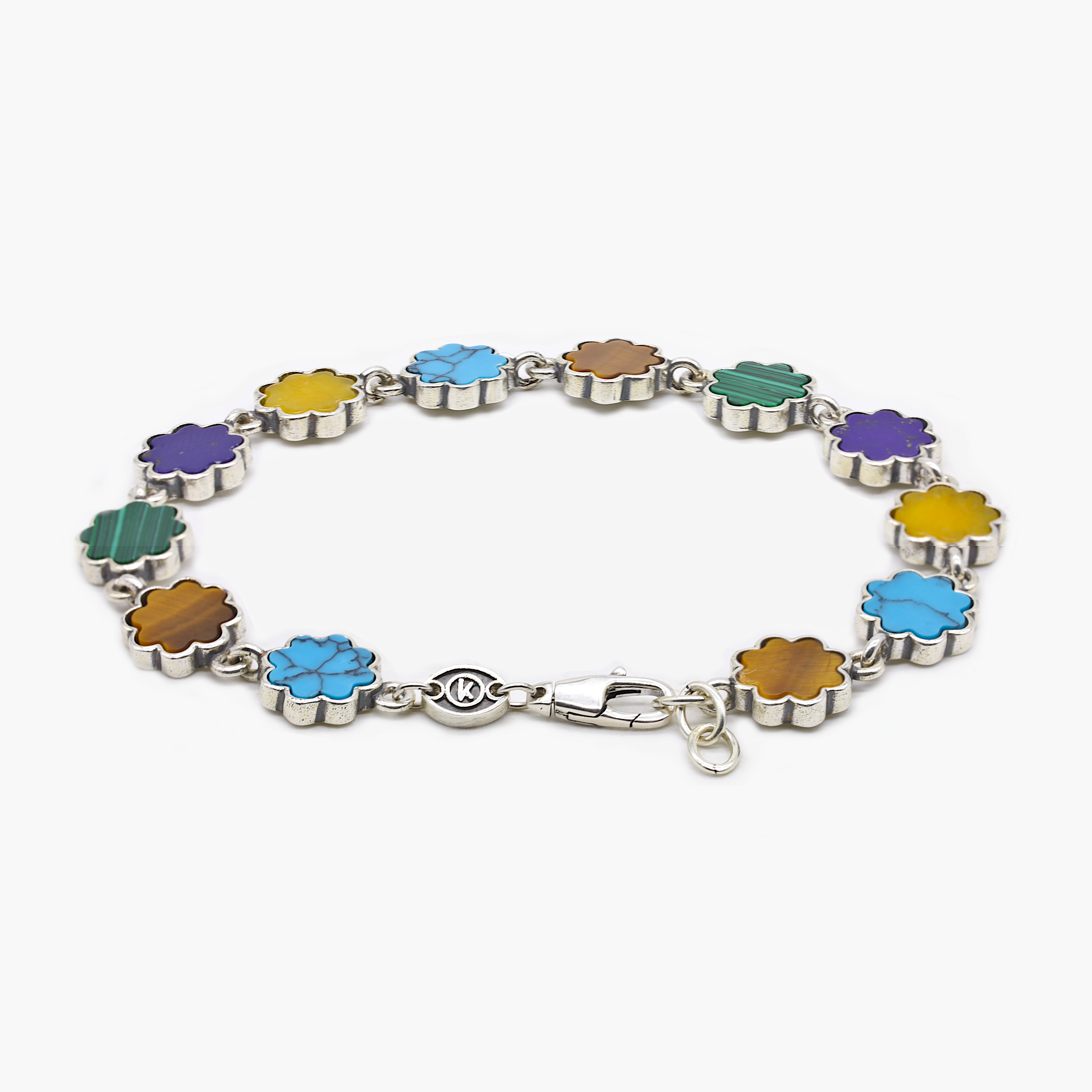 Multi Daisies Sterling Silver Chain Bracelet With Assorted Natural Stones-Bracelet-Kompsós