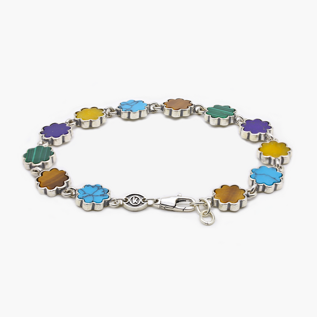 Multi Daisies Sterling Silver Chain Bracelet With Assorted Natural Stones-Bracelet-Kompsós