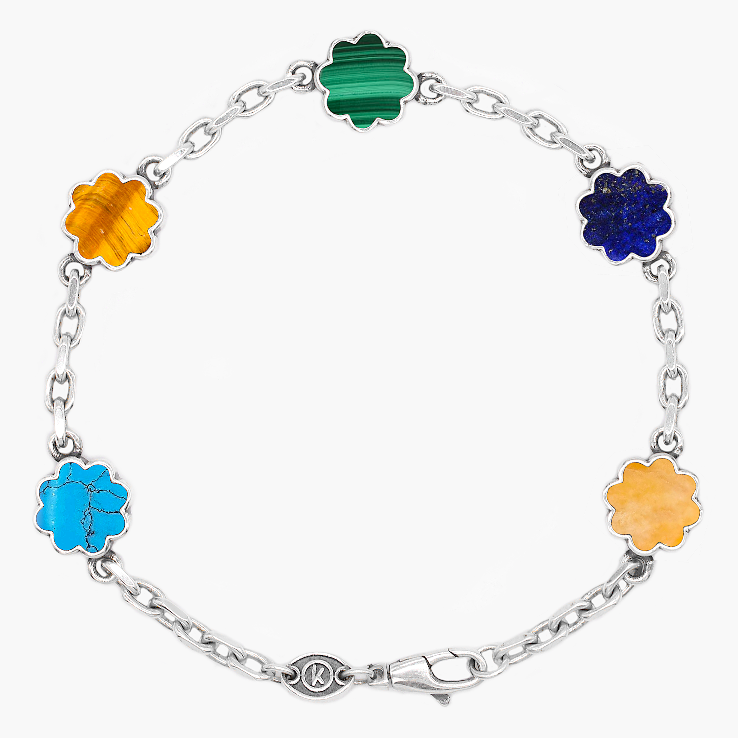 Multi Daisies Sterling Silver Chain Bracelet With Assorted Natural Stones-Bracelet-Kompsós