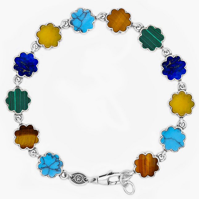 Multi Daisies Sterling Silver Chain Bracelet With Assorted Natural Stones-Bracelet-Kompsós