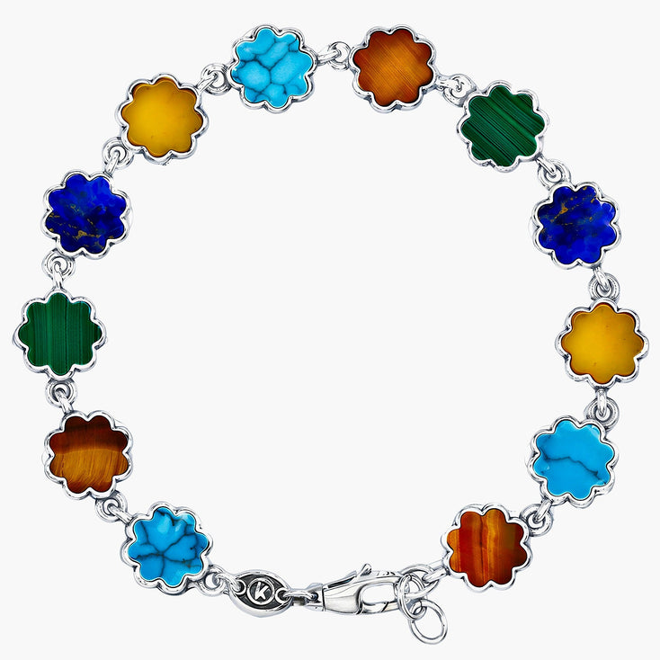 Multi Daisies Sterling Silver Chain Bracelet With Assorted Natural Stones-Bracelet-Kompsós