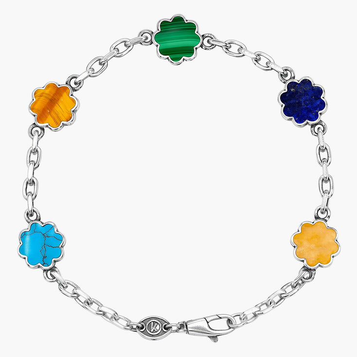 Multi Daisies Sterling Silver Chain Bracelet With Assorted Natural Stones-Bracelet-Kompsós
