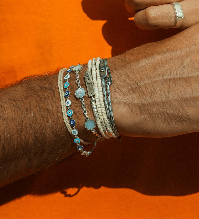 Multi Daisies Sterling Silver Chain Bracelet With MOP-Bracelet-Kompsós