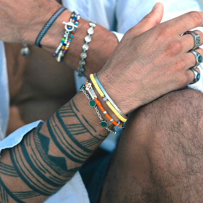 Multi Daisies Sterling Silver Chain Bracelet With Malachite-Bracelet-Kompsós