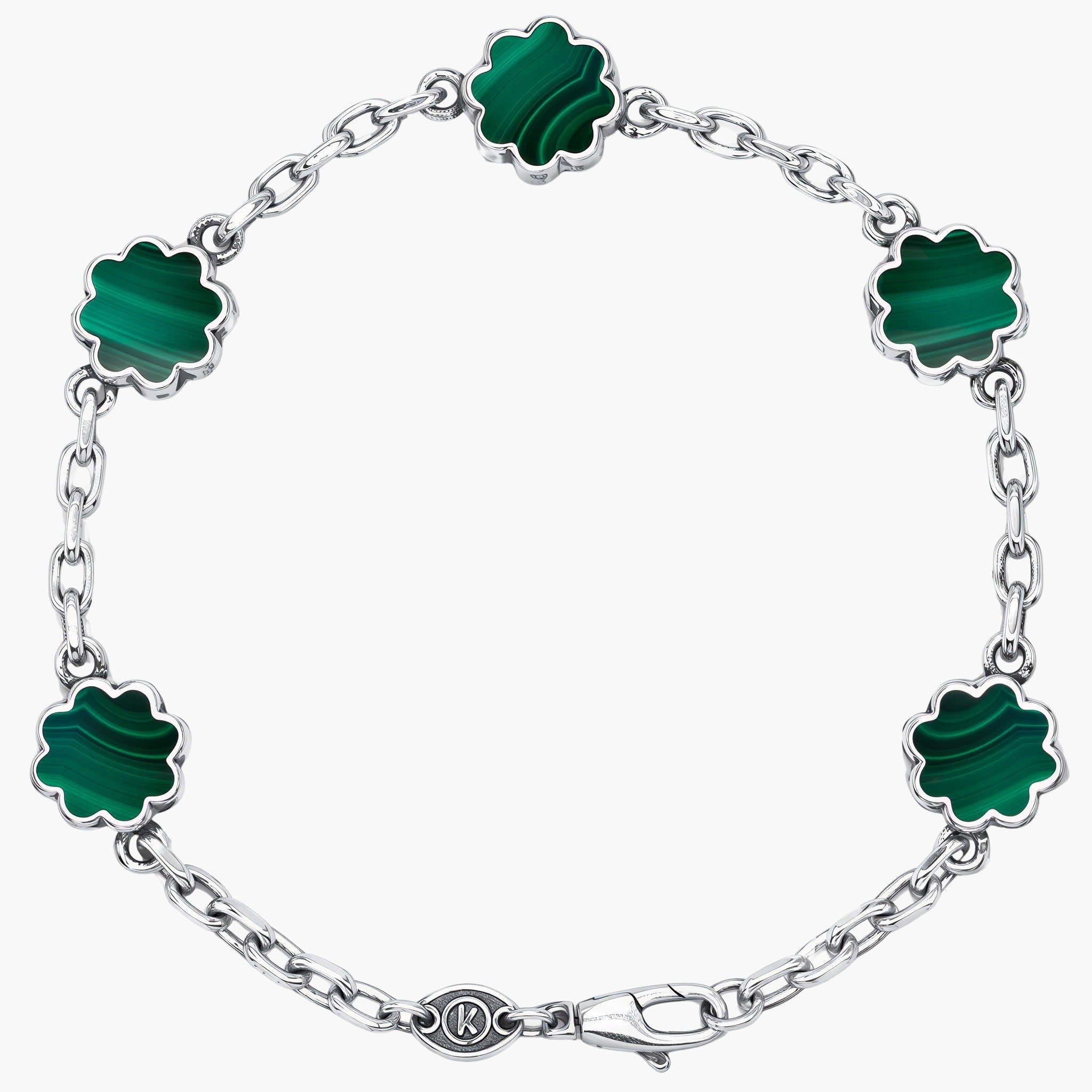 Multi Daisies Sterling Silver Chain Bracelet With Malachite-Bracelet-Kompsós