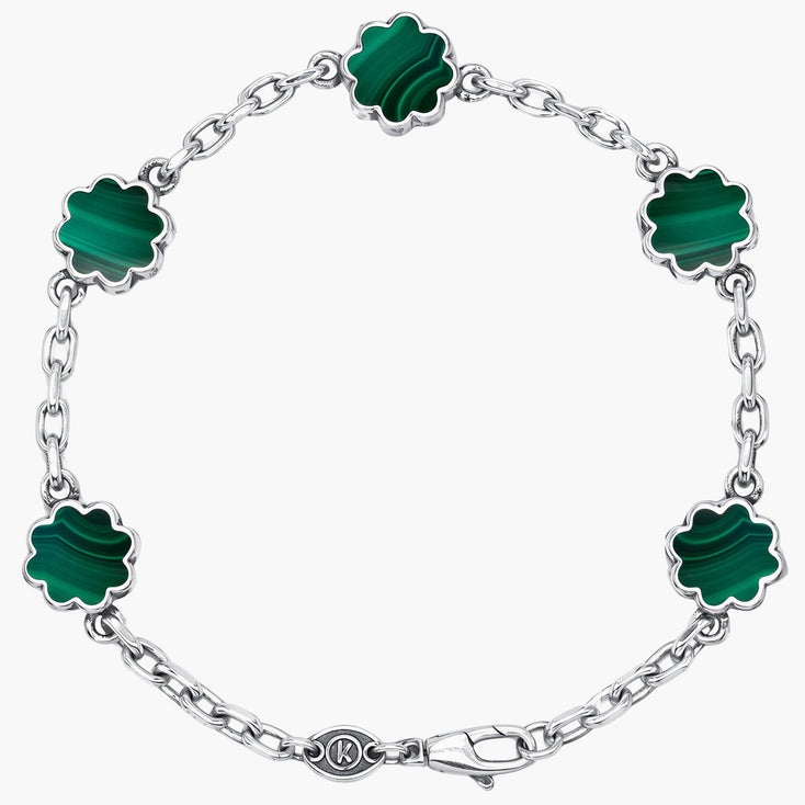 Multi Daisies Sterling Silver Chain Bracelet With Malachite-Bracelet-Kompsós