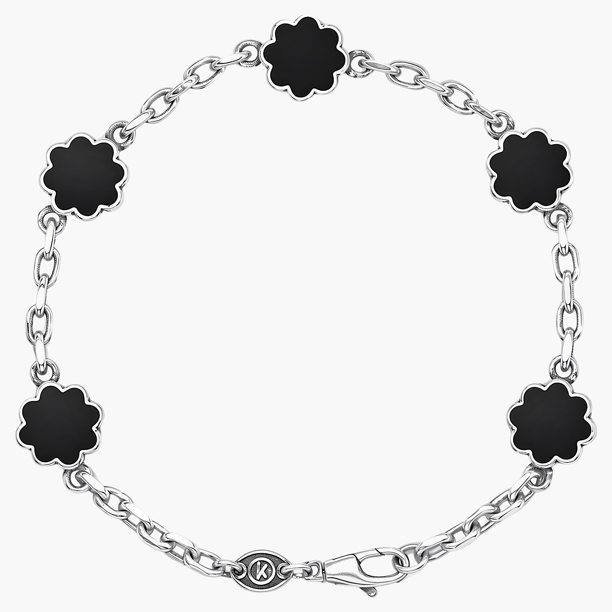Multi Daisies Sterling Silver Chain Bracelet With Matt Onyx-Bracelet-Kompsós