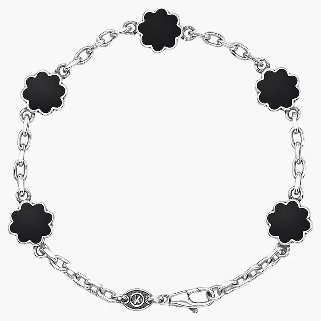 Multi Daisies Sterling Silver Chain Bracelet With Matt Onyx-Bracelet-Kompsós
